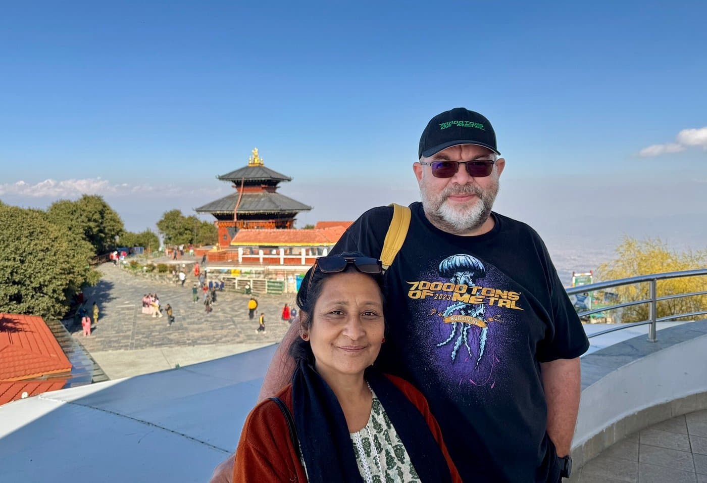 Tourists at a hilltop temple viewpoint in Nepal